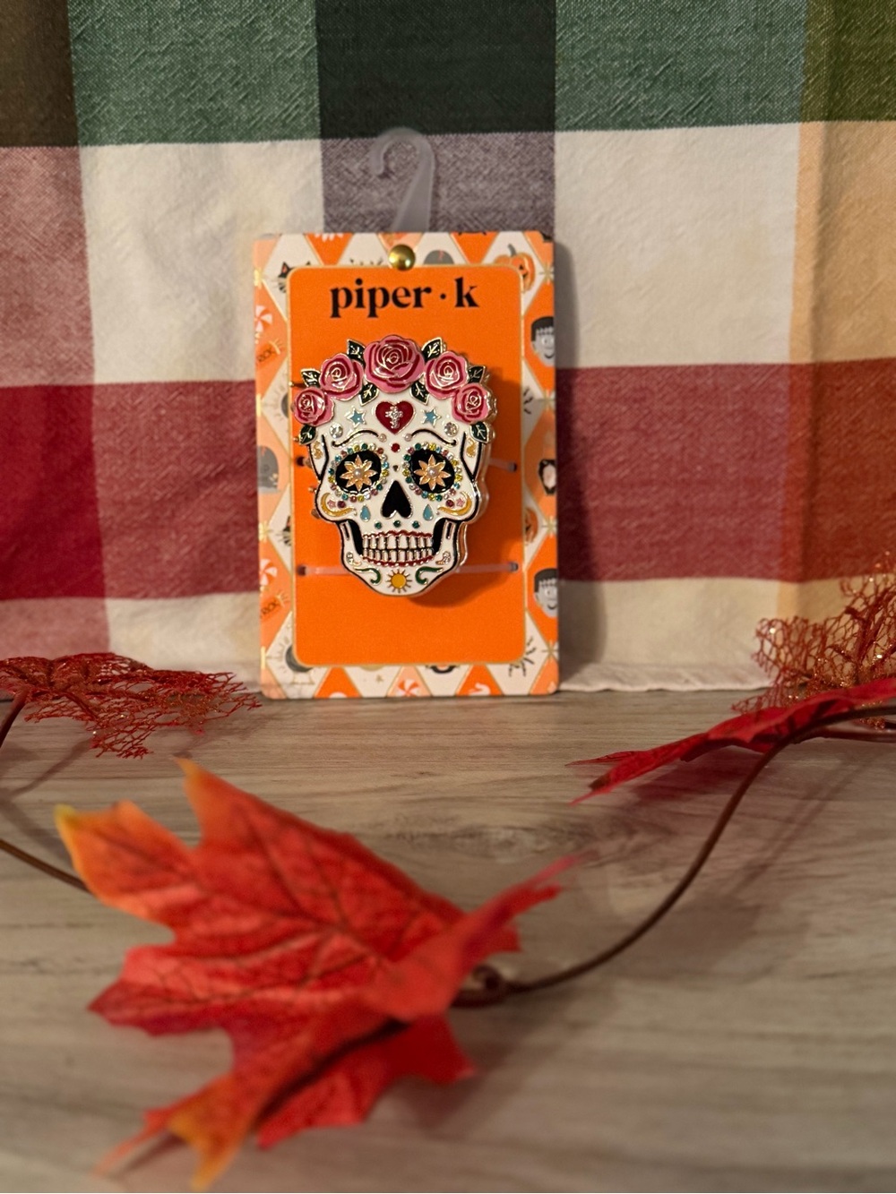 Piper Floral Sugar Skull Enamel Pin in White, Pink and Black